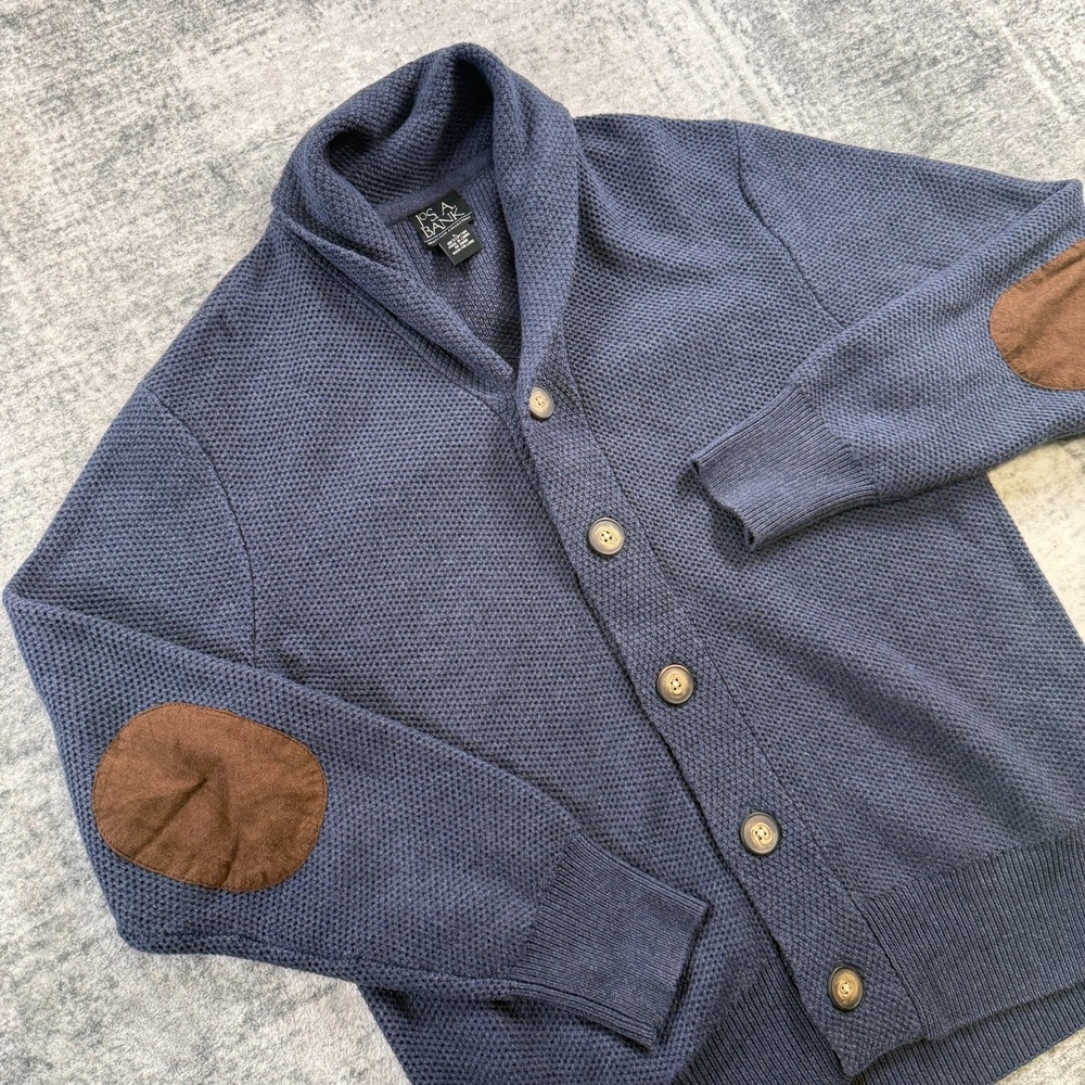 Jos A Bank Sweater Mens Large Shawl Collar Cardigan Navy Waffle Knit Elbow Patch
